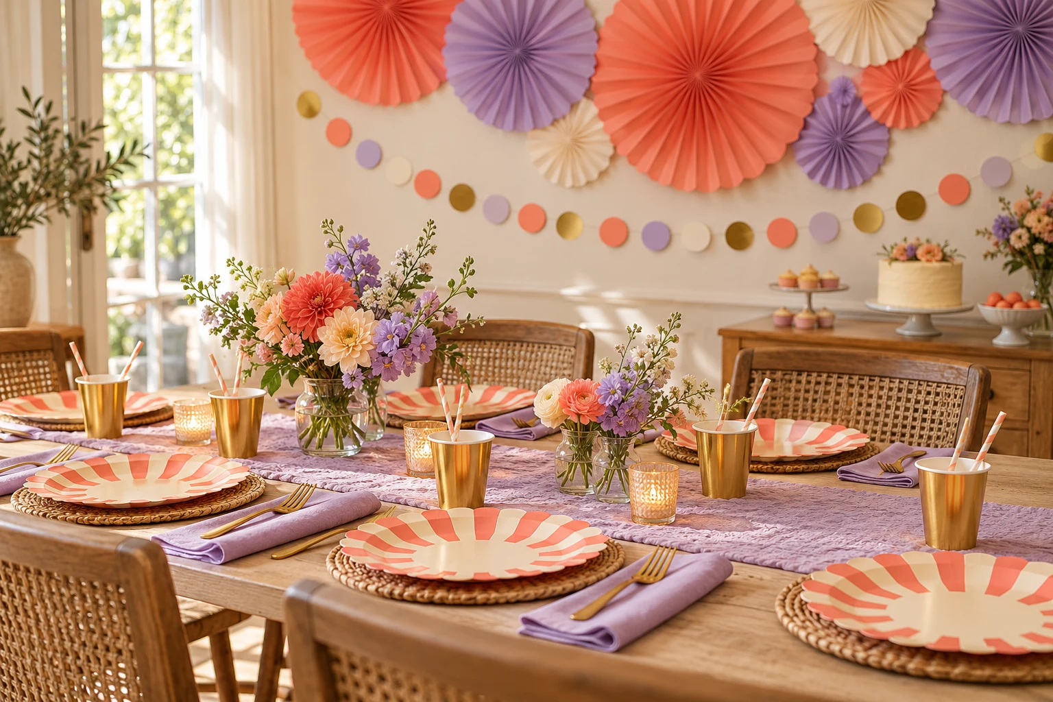 Colorful paper decorations and a table set for a gathering